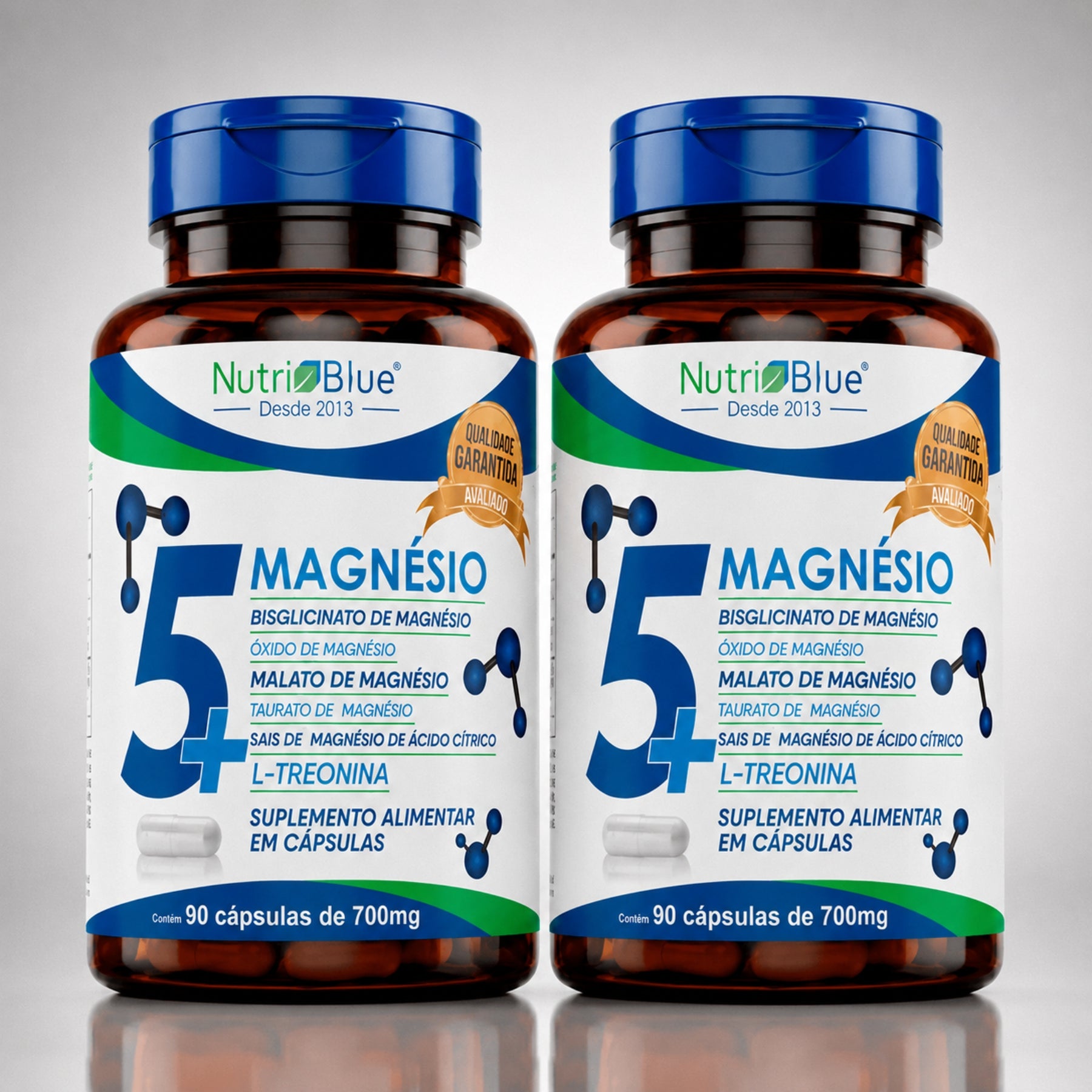 Kit 2 frascos | 5+ Magnésio Nutriblue | 5 Formas de Magnésio + L-Treonina | 90 Cápsulas