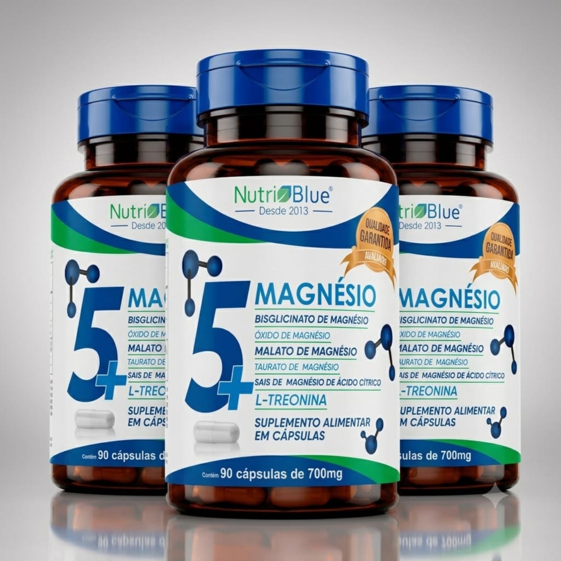 Kit 3 frascos | 5+ Magnésio Nutriblue | 5 Formas de Magnésio + L-Treonina | 90 Cápsulas