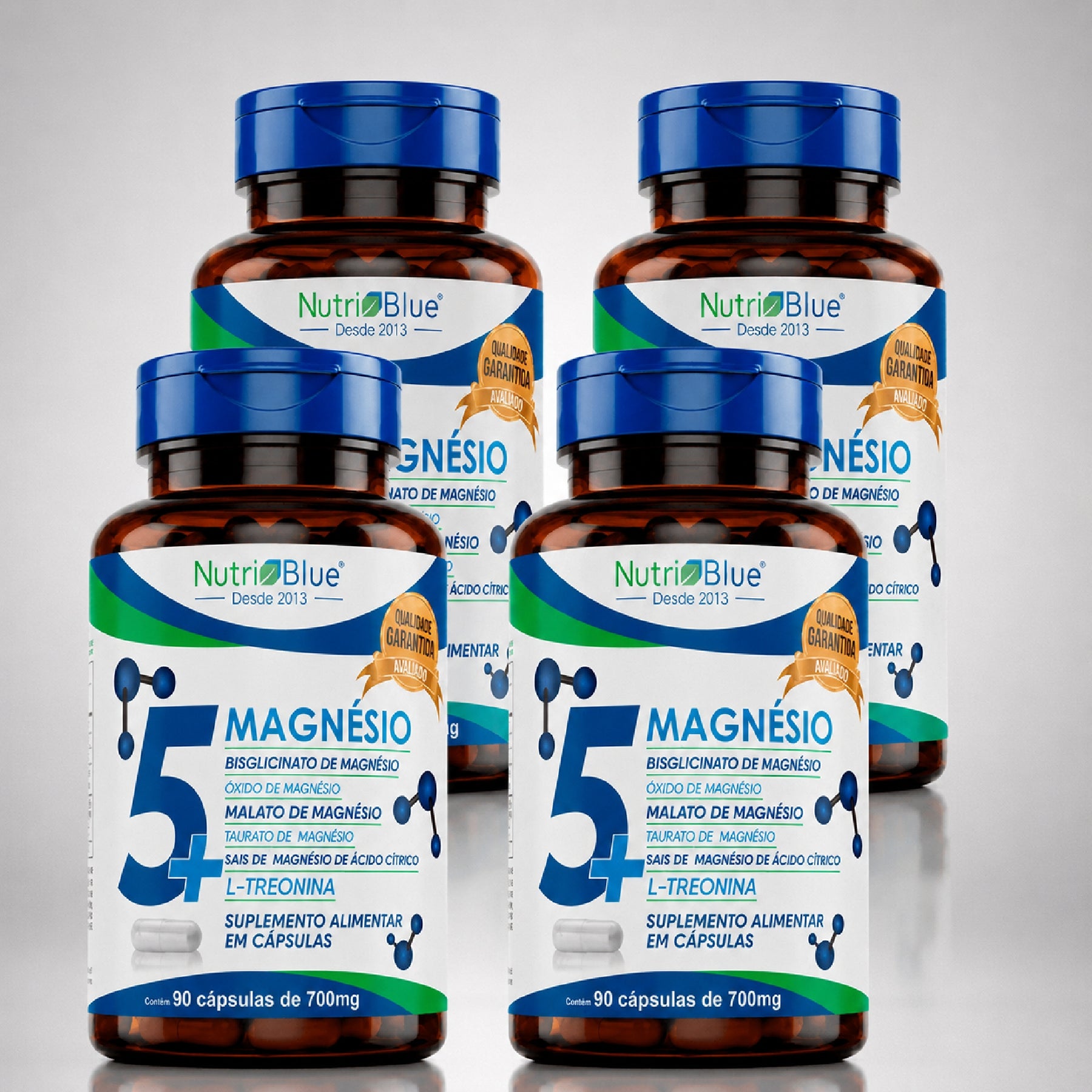 Kit 4 frascos | 5+ Magnésio Nutriblue | 5 Formas de Magnésio + L-Treonina | 90 Cápsulas