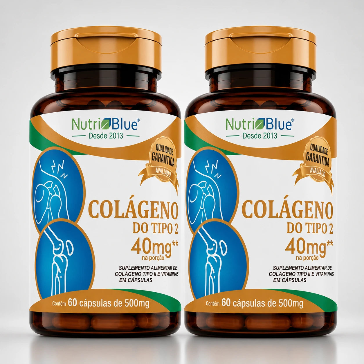 Kit 2 frascos | Colágeno Tipo II Não Desnaturado UC-II 400 mg com Vitaminas C, E e Complexo B | 60 Cápsulas | Nutriblue