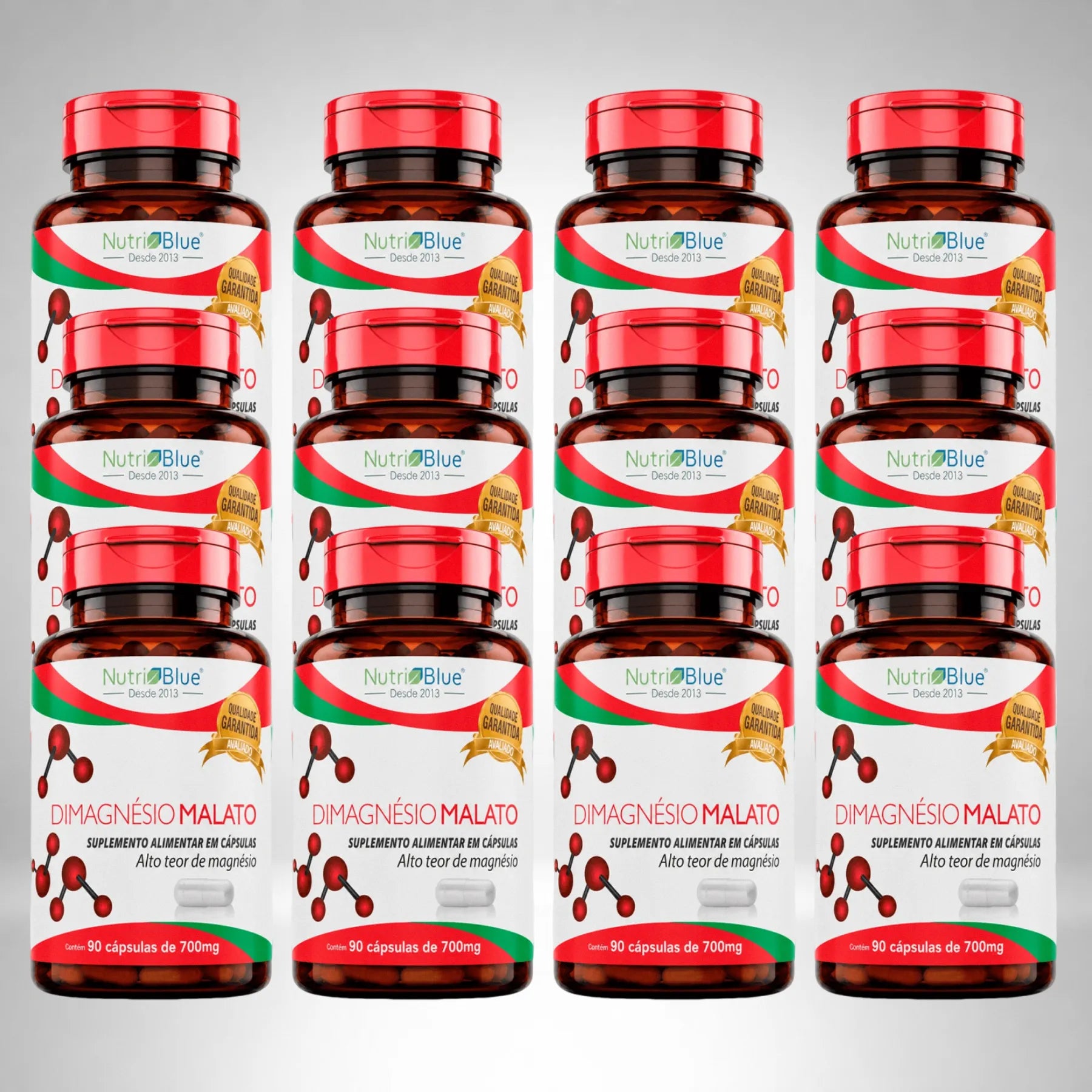 Kit 12 frascos | Magnésio Dimalato 700mg | 90 Cápsulas | Nutriblue
