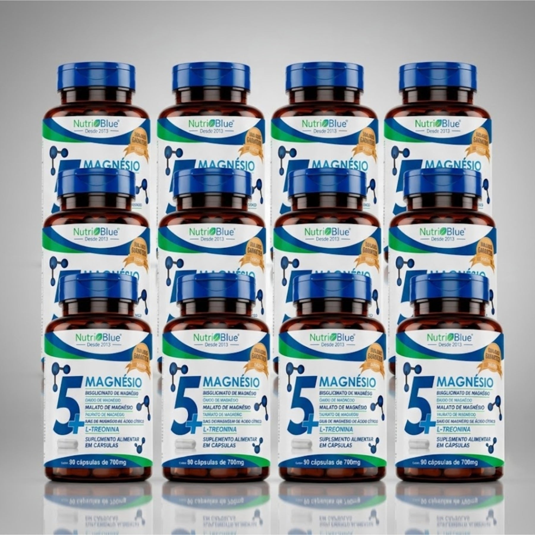 Kit 12 frascos | 5+ Magnésio Nutriblue | 5 Formas de Magnésio + L-Treonina | 90 Cápsulas