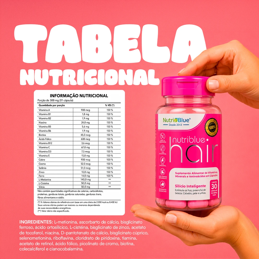 Nutriblue Hair, Suplemento para Cabelos, Unhas e Pele com Silício, Biotina e Zinco, 30 Cápsulas