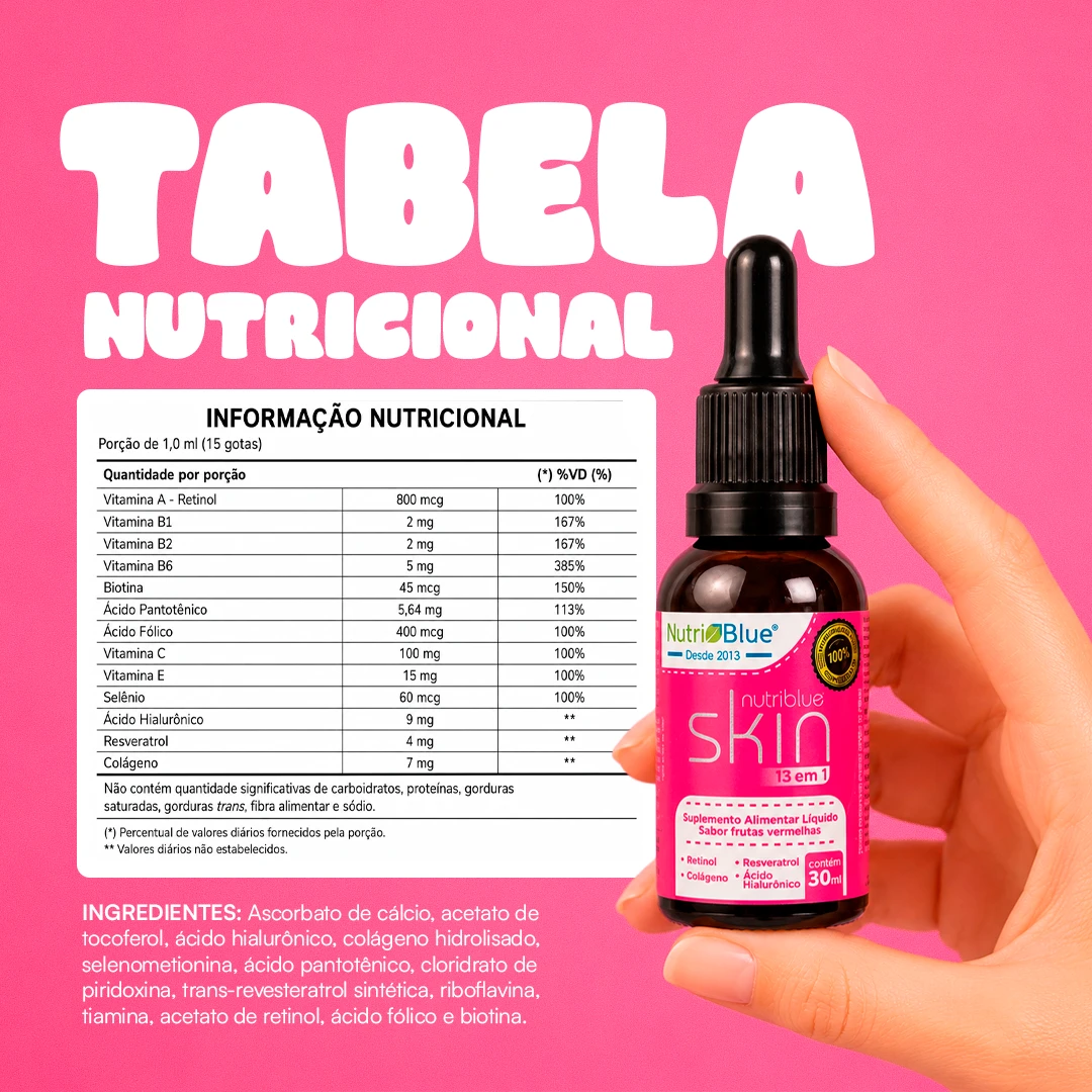 Nutriblue Skin, Suplemento em Gotas com Colágeno, Ácido Hialurônico, Retinol e Resveratrol, 30ml
