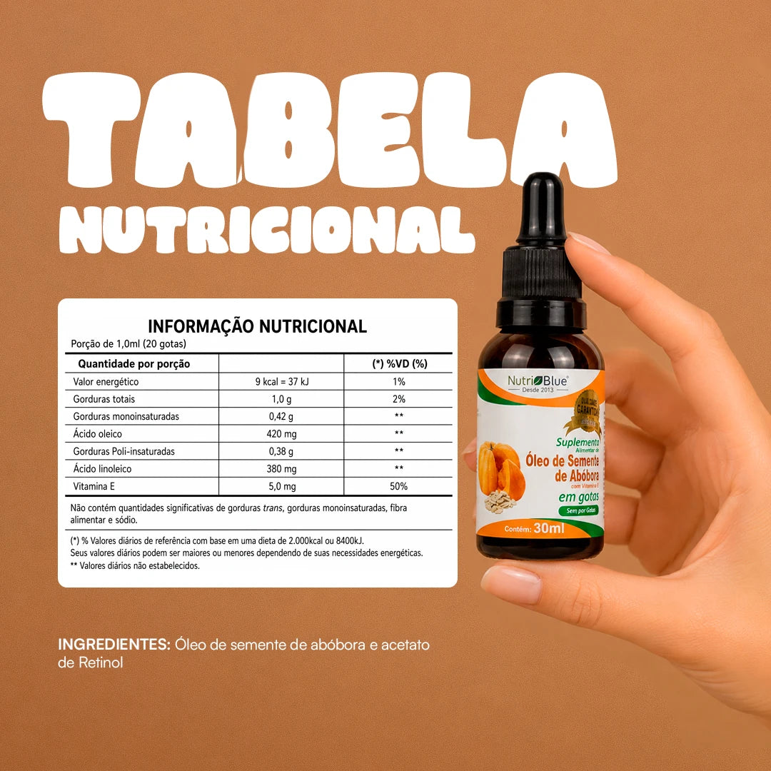 Óleo de Semente de Abóbora em Gotas Nutriblue | Suplemento com Vitamina E, Frasco 30 ml