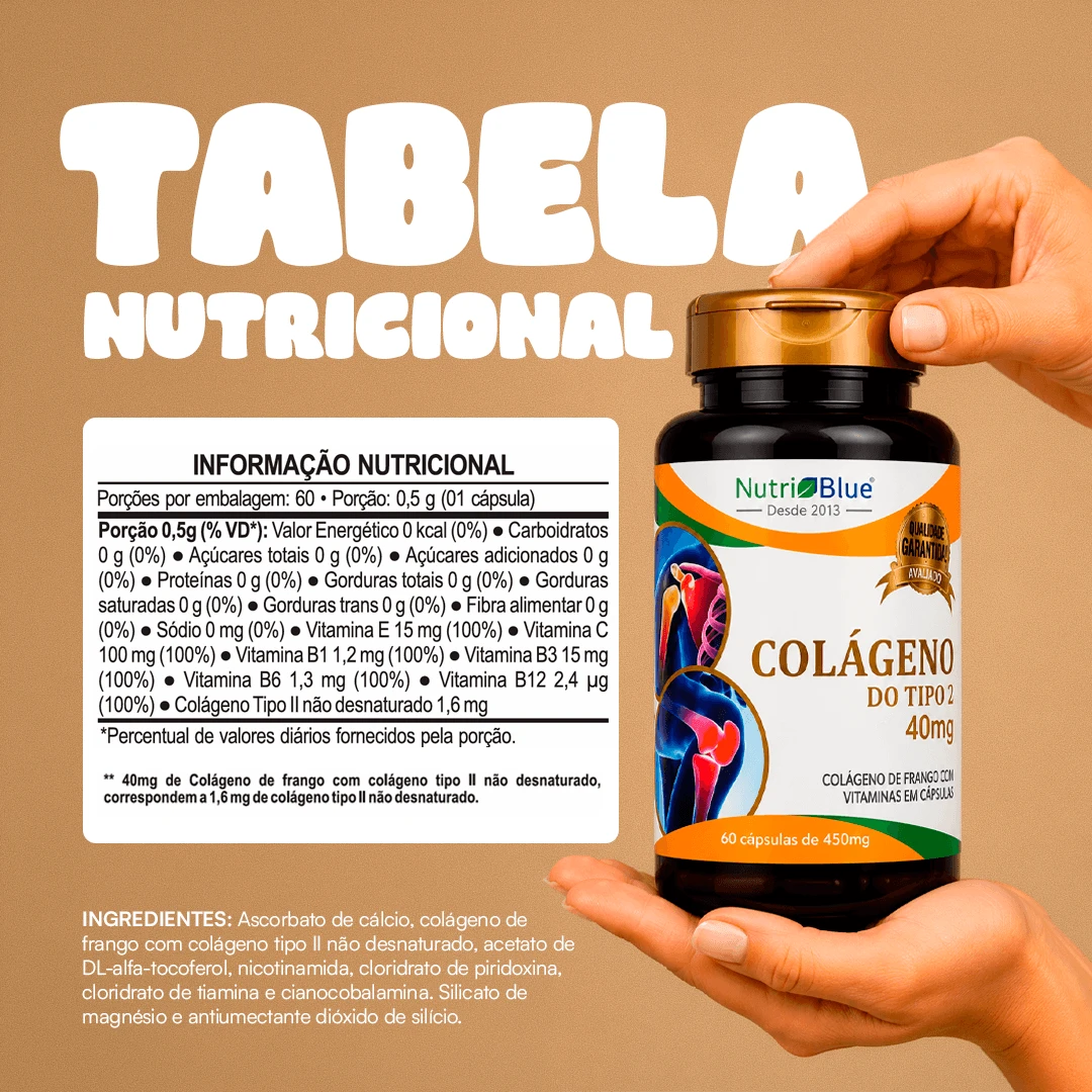 Colágeno Tipo II Não Desnaturado UC-II 400 mg com Vitaminas C, E e Complexo B | 60 Cápsulas | Nutriblue