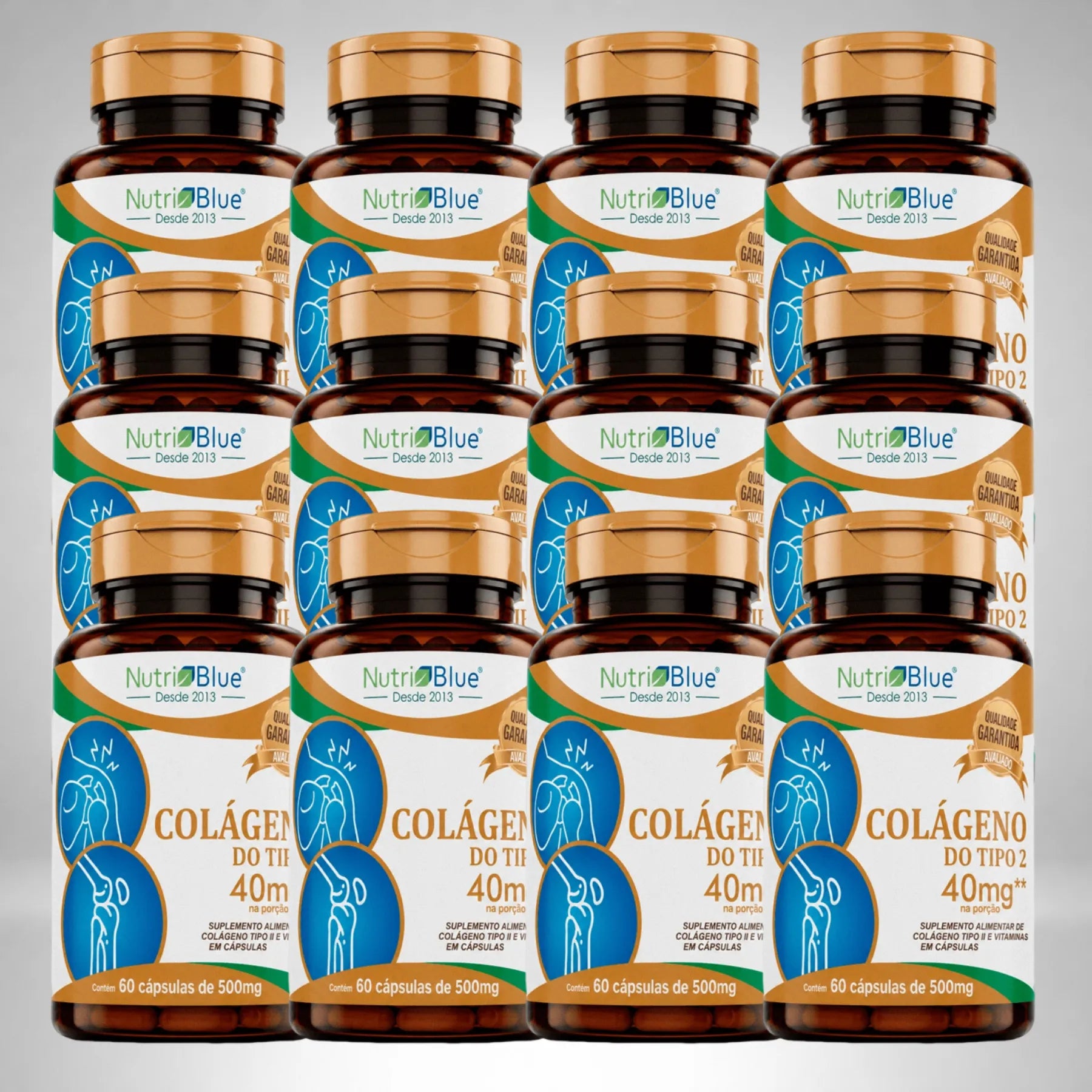 Kit 12 frascos | Colágeno Tipo II Não Desnaturado UC-II 400 mg com Vitaminas C, E e Complexo B | 60 Cápsulas | Nutriblue