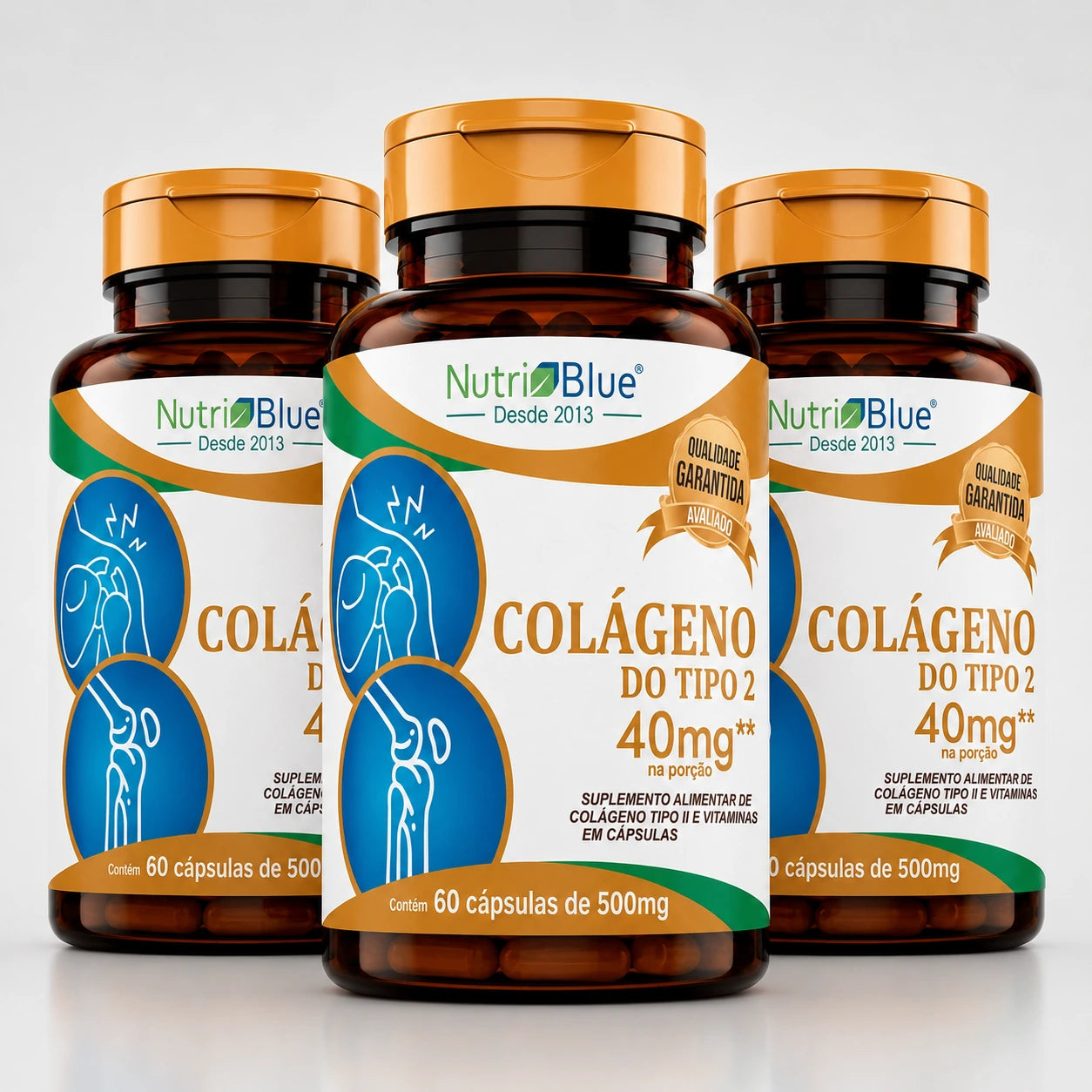Kit 3 frascos | Colágeno Tipo II Não Desnaturado UC-II 400 mg com Vitaminas C, E e Complexo B | 60 Cápsulas | Nutriblue