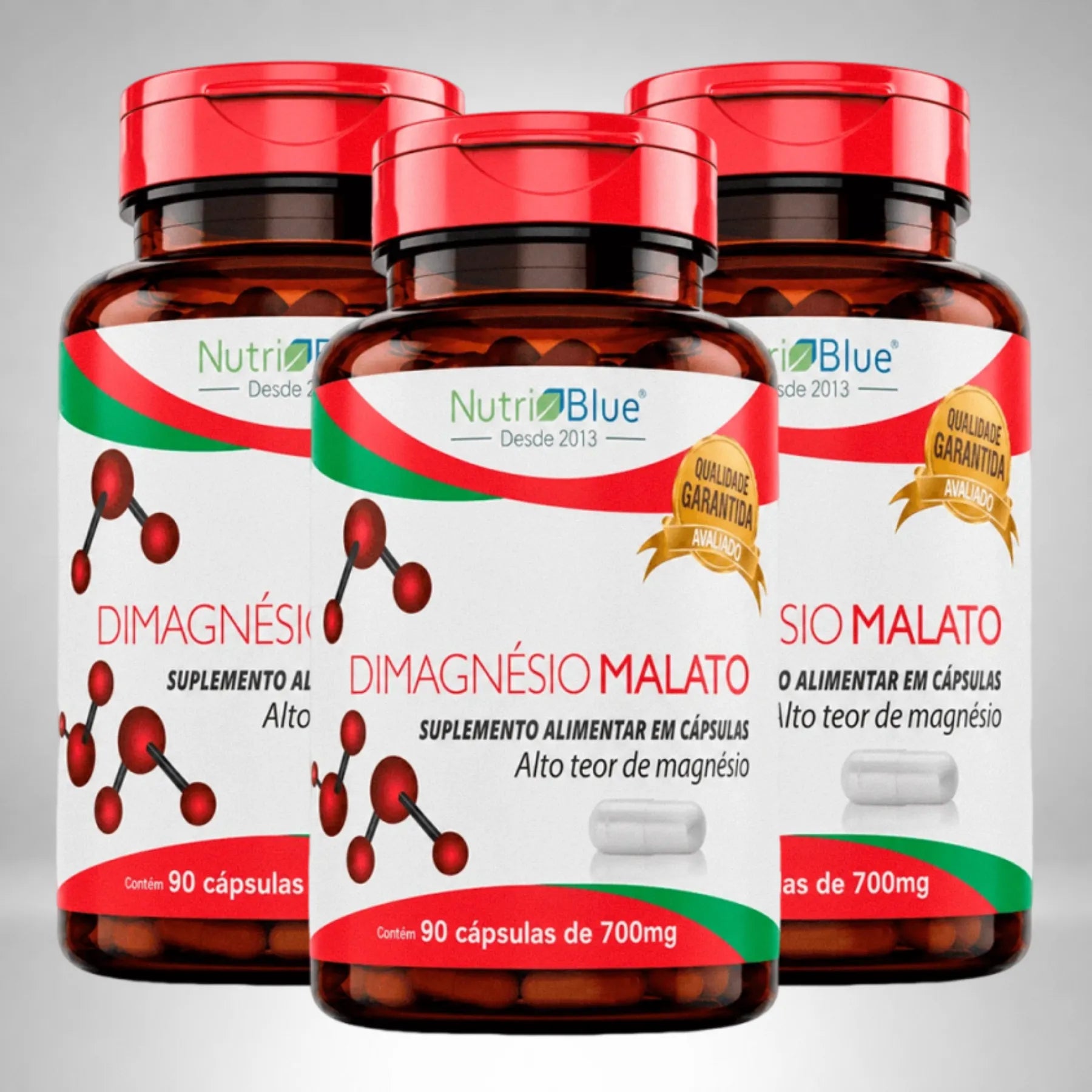 Kit 3 frascos | Magnésio Dimalato 700mg | 90 Cápsulas | Nutriblue