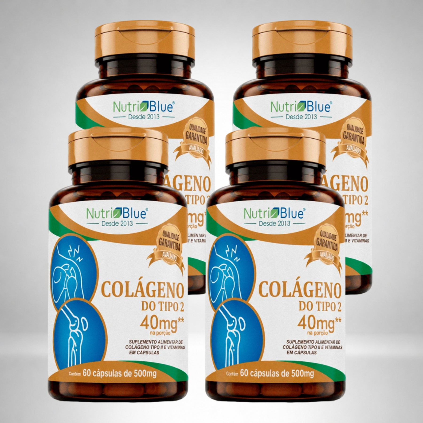 Kit 4 frascos | Colágeno Tipo II Não Desnaturado UC-II 400 mg com Vitaminas C, E e Complexo B | 60 Cápsulas | Nutriblue