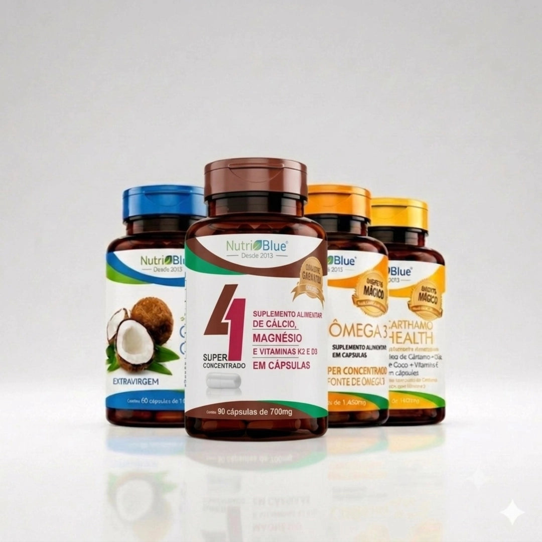 Kit Quarteto Mágico Nutriblue - Ômega 3, Óleo de Coco, Óleo de Cártamo e Quarteto Vitamínico com Zinco